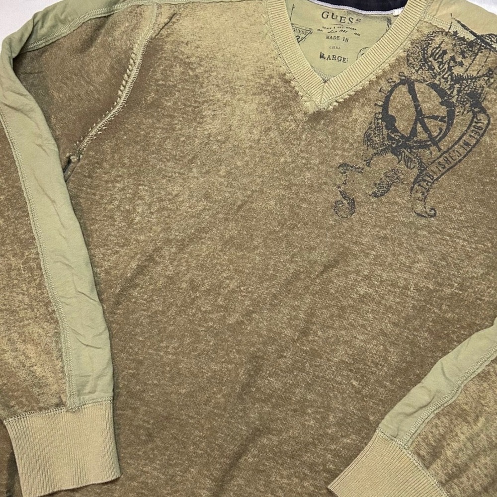 Guess V-Neck Sweater Mens Large Olive Green Graphic Acid Wash Cotton M9160600000